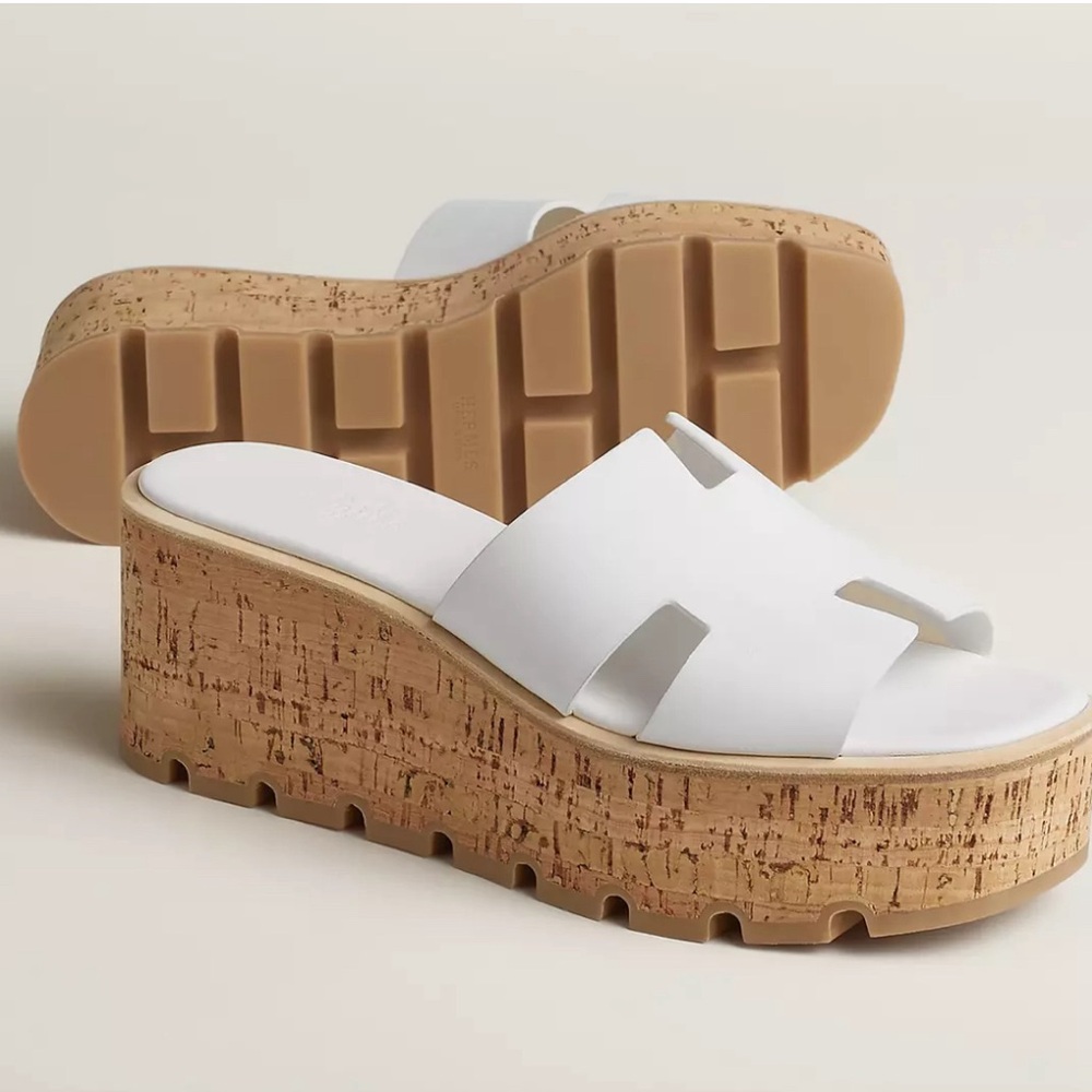 NEW HERMÈS White Calfskin Leather Eze 30 Platform Sandals